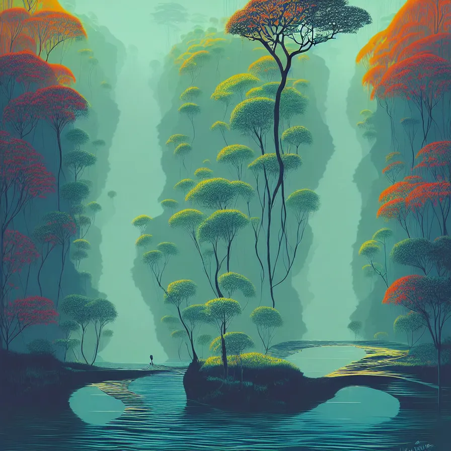 Image similar to ( ( ( gediminas pranckevicius ) ) ), river flow through borneo jungle, summer morning, very coherent and colorful high contrast art by james gilleard floralpunk screen printing woodblock, dark shadows, pastel color, hard lighting