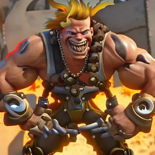 Image similar to a screenshot of junkrat arnold schwarzenegger as junkrat in overwatch