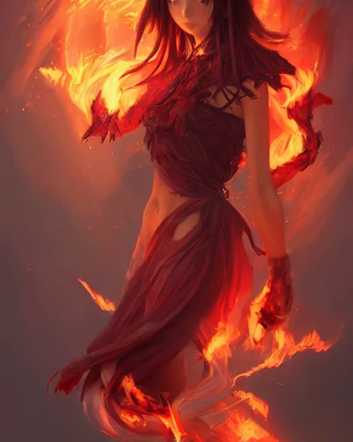 Image similar to red eyed beautiful long haired anime girl, fire dress, full body photo, flames everywhere, highly detailed, digital painting, artstation, concept art, smooth, sharp focus, illustration, art by artgerm and greg rutkowski and alphonse mucha