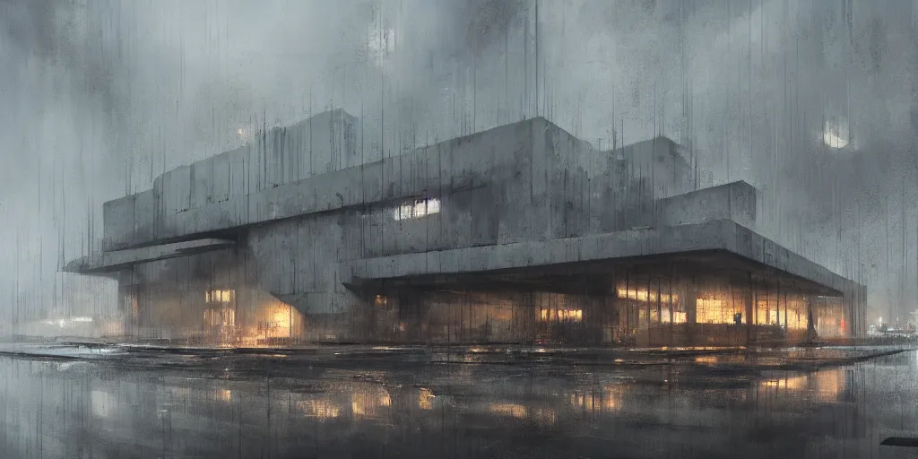 Image similar to brutalist architecture, metal, concrete, night, rain, drama, artstation, greg rutkowski