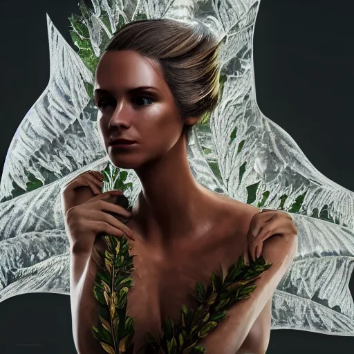 Image similar to a highly detailed digital image of a futuristic woman elegantly wrapped with leaves, by Andrea Chiampo, artstation, extremely detailed woman, stunning volumetric lighting, hyper realism, fantasy 4k