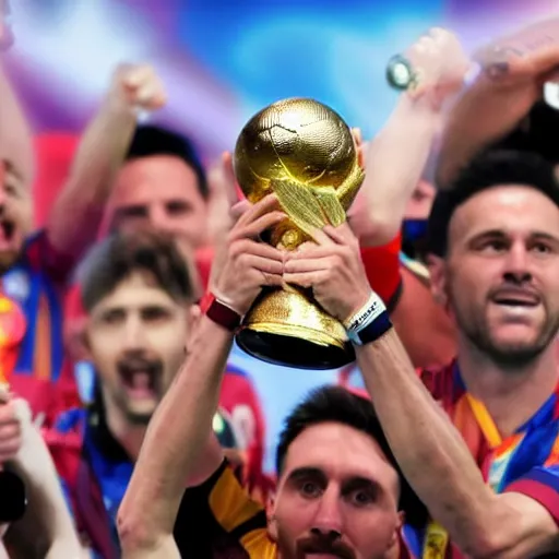 Prompt: super realistic and detailed photo of Lionel Messi lifting the World Cup, wearing the Argentina football team jersey, background out of focus,