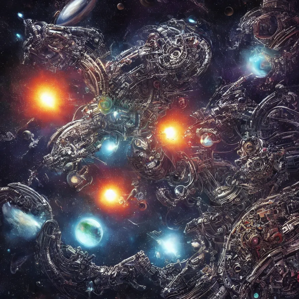 Image similar to mechanical alien god attacking planets in space, art by mark cooper, 8 k, hyper detailed, hdr, intricate, masterpiece