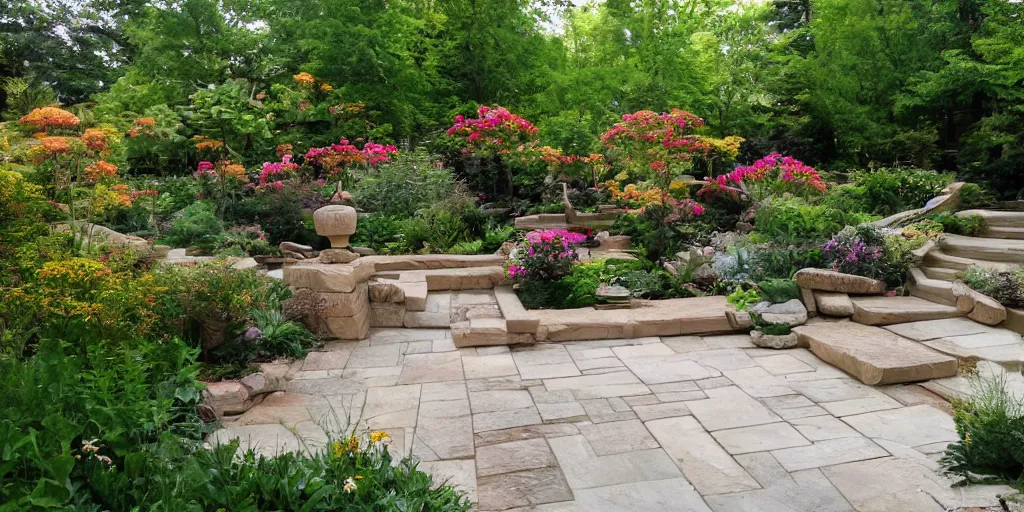 Prompt: small award winning patio designed by frank lloyd wright, with award winning stone work, lots of plants and flowers, on a sunny day, photo