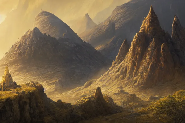 Image similar to single small fantasy castle in foreground, highly detailed, barren landscap, volcanoe in background, lavaflows in the foreground, illustrated by Greg Rutkowski and Gaston Bussiere, 35mm lens, beautiful macro close-up imagery, lush lighting, beautiful volumetric-lighting-style atmosphere