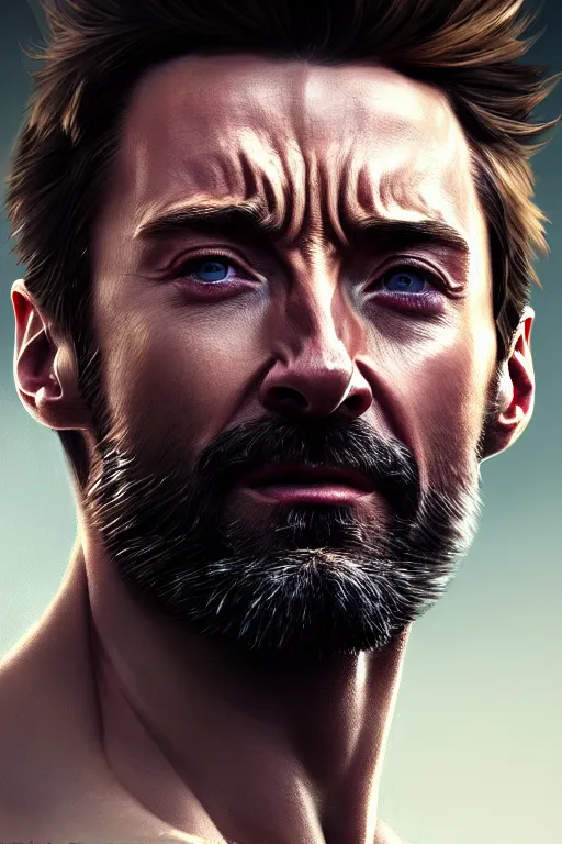 Image similar to ultra detailed close up facial portrait of hugh jackman, extremely detailed digital painting, in the style of fenghua zhong and ruan jia and jeremy lipking and peter mohrbacher, mystical colors, rim light, beautiful lighting, 8 k, stunning scene, raytracing, octane, trending on artstation