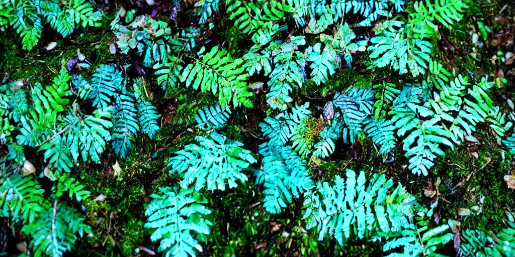 Prompt: close up dark green and blue ferns and moss, droplets of crystal clear water on the leaves, rays of sunlight coming through the clouds after rain, magical fairytale, sparkling particles, colorful dust, glitter shimmering in the light