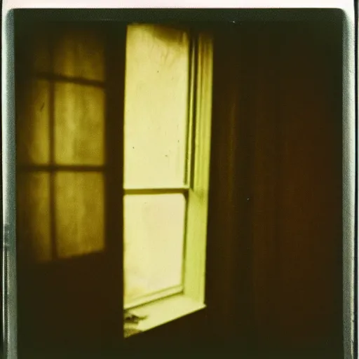 Image similar to dark room with a face peeking through a window, old polaroid, expired film, eerie,