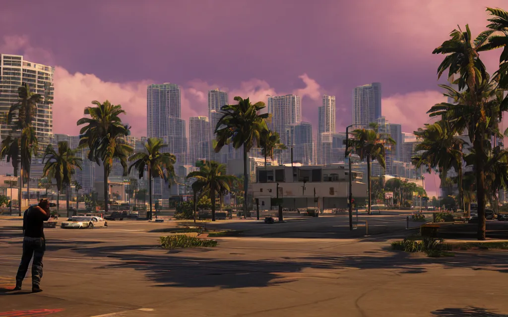 Prompt: still next - gen ps 5 game grand theft auto 6 2 0 2 4 remaster, graphics mods, rain, red sunset, people, rtx reflections, gta vi, miami, palms and miami buildings, photorealistic screenshot, unreal engine 5, 4 k, 5 0 mm bokeh, gta vice city remastered, artstation
