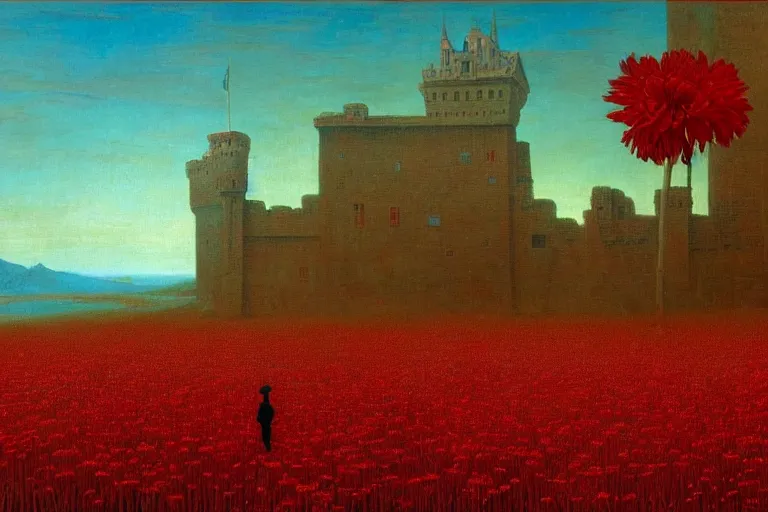 Image similar to only with red, red flowers of different types, a red tiger, a castle in the background, medieval demons dance over the flowers, an ancient path, in the style of beksinski, part by hopper, part by rodcenko, part by hofbauer, intricate composition, red by caravaggio, insanely quality, highly detailed, masterpiece, red light, artstation