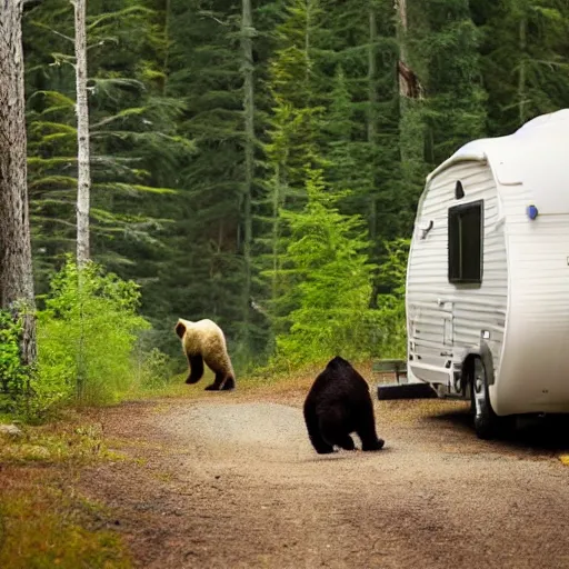 Prompt: a bear chasing a camper in the forest