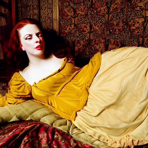 Prompt: preraphaelite photography reclining on bed, a hybrid of judy garland and lady gaga, aged 2 5, big brown fringe, yellow ochre ornate medieval dress, 4 k
