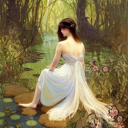 Image similar to a beautiful painting of the back view of a young lady in white dress sitting by the river in a grown forest, washing her dark long hair, sunlight reflected on the river, Mucha, Mohrbacher