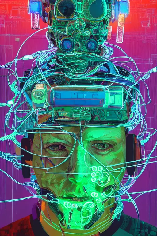 Image similar to stunning highly detailed portrait of a neuromancer billy gaat with cyber headgear surrounded by wires, neon colors, oil on canvas, strong lighting, by Josan Gonzalez, HD, 4K