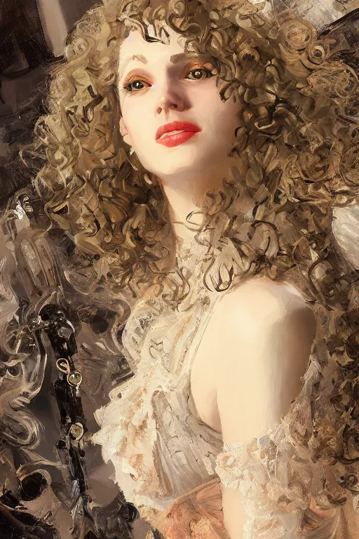a young beautiful lady with curly hair, in style of | Stable Diffusion ...