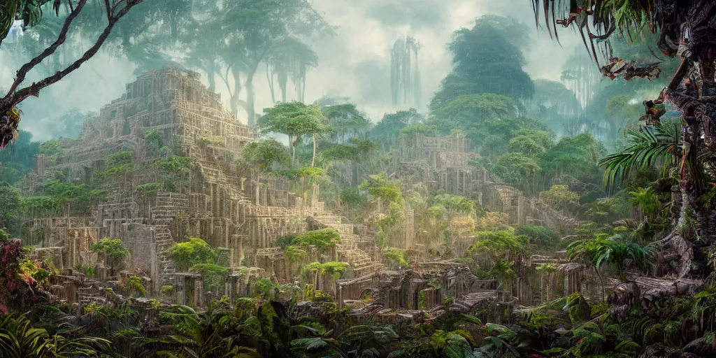 Prompt: fantasy painting of aztec ruins in a vast jungle, intricate abstract. delicate artwork. by tooth wu, wlop, beeple, dan mumford. octane render, trending on artstation, greg rutkowski very coherent symmetrical artwork. cinematic, hyper realism, high detail, octane render, 8 k, depth of field, bokeh. chrome accents.