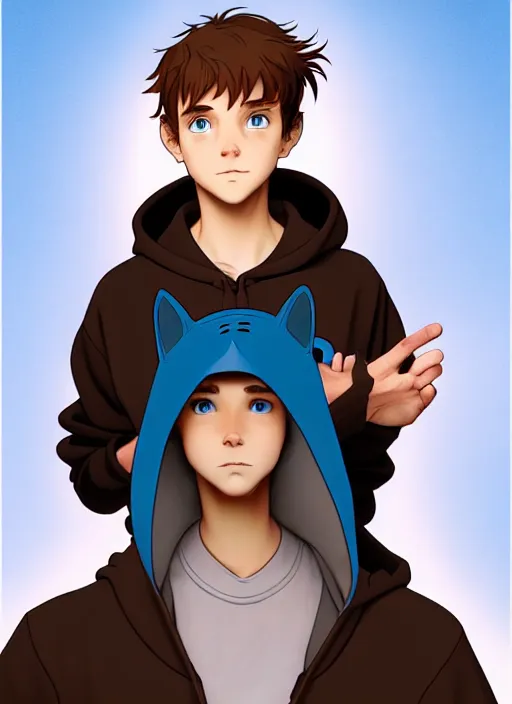 Image similar to teen boy with brown hair and big blue eyes, wearing a black hoodie with cat ears on top of it, natural lighting, path traced, highly detailed, high quality, cartoon, digital painting, by don bluth and ross tran and studio ghibli and alphonse mucha