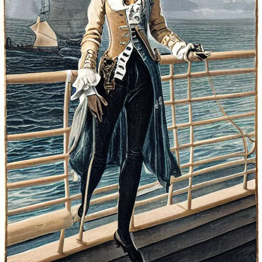 Image similar to a beautiful, friendly, calm, blonde, well - dressed, steampunk, covered, armed, pirate captain, standing on the deck of her ship gazing at the horizon in 1 7 3 0, detailed award - winning time - less painting