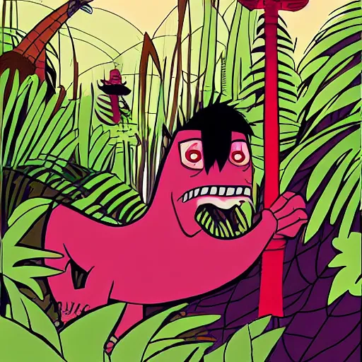 Image similar to tyrannosaurus in the jungle, genndy tartakovsky, samurai jack