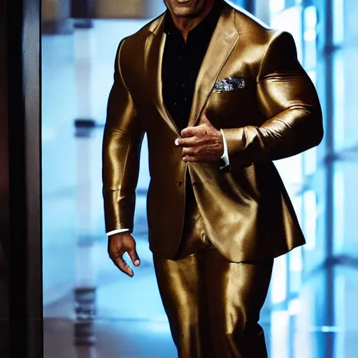 Prompt: dwayne the rock johnson wearing a expensive suit made entirly of gold walking down the run way, 3 5 mm, paparazzi photo, dazzling lights, dramatic lighting, photorealistic, cinematic scene, super detailed, hyper realistic, bright lights