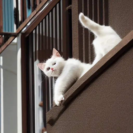 Image similar to a white brown cat preventing a little girl from climbing over a balcony