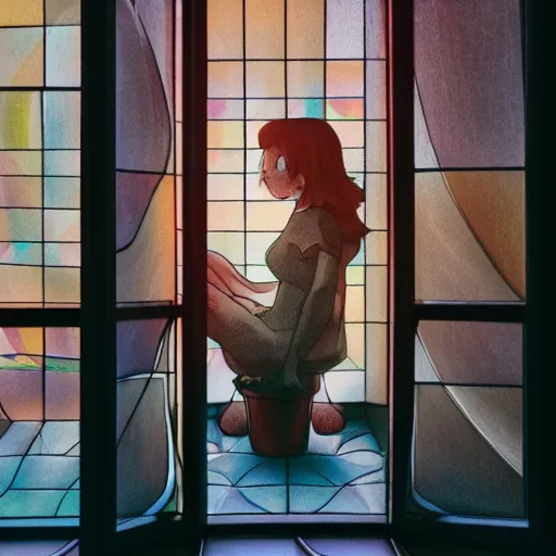 Prompt: medium sensor, 88mm lense , depth of field, rim lights, anime, advanced digital art, motion blur, girl sitting in a room filled with art supplies, sun rays coming in through a glass stained window.