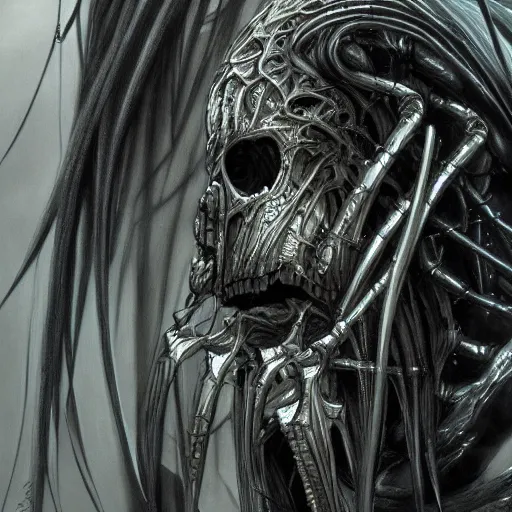 Prompt: nazgul by yoshitaka amano, by hr giger, biomechanical, profile portrait, 4 k, wide eyes, hyper detailed, hyperrealism, anime
