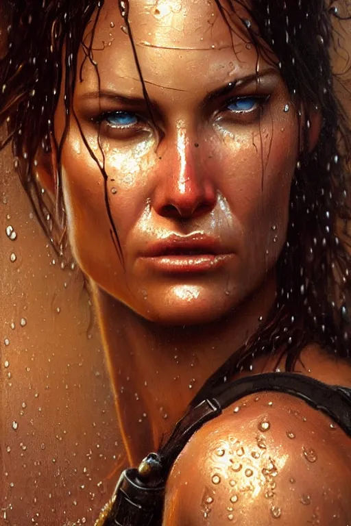 Image similar to muscular sweat and wet, lara croft, exhausted face close up, rain background, highly detailed painting by gaston bussiere, craig mullins, j. c. leyendecker 8 k