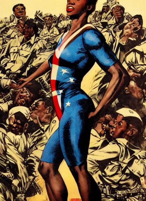 Image similar to beautiful black female captain america standing on a pile of defeated german soldiers. feminist captain america wins wwii. afro. american wwii propaganda poster by james gurney