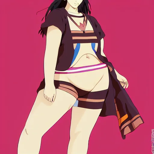 Image similar to a beautiful plus sized model japanese natalie portman, alluring plus sized model with brown skin, wearing mayan leotard with overalls, street fashion hip hop style with mayan patterns, aztec street fashion, gapmoe yandere grimdark, trending on pixiv fanbox, painted by greg rutkowski makoto shinkai takashi takeuchi studio ghibli, akihiko yoshida