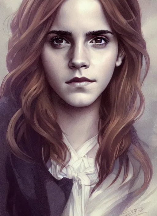 Image similar to emma watson as hermione granger at hogwarts. beautiful detailed face. by artgerm and greg rutkowski and alphonse mucha