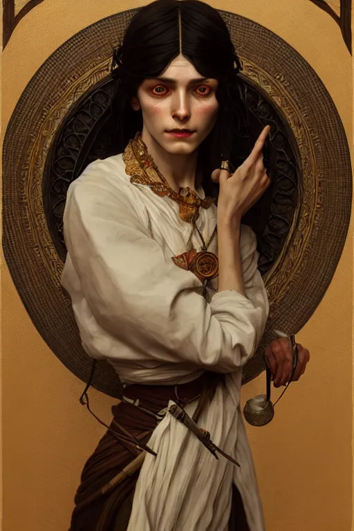 Image similar to ultra realistic, thin man in peasant clothes, black hair, brown eyes, occult jewelry, fantasy, intricate details, eerie, highly detailed, octane render, 8 k, art by artgerm and alphonse mucha and greg rutkowski