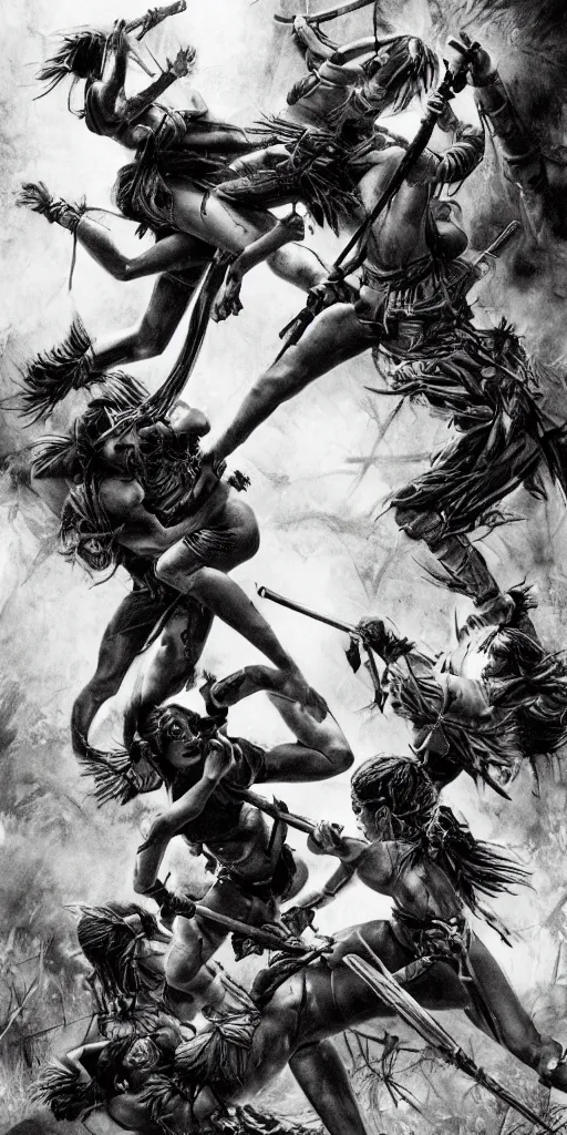 Image similar to editorial photo of brutal battle in layered jungle, Asian samurais and Amazonian females climbing onto another and fight, epic,three point perspective, vintage, blood, slight inspiration of Boris vallejo and apocalypto, war photography