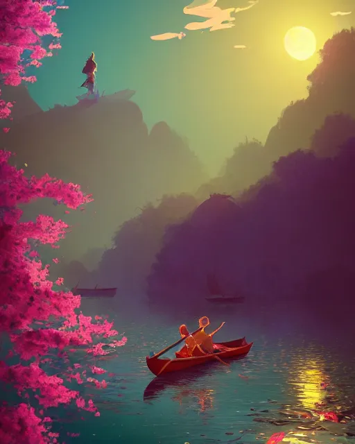 Image similar to a couple in a rowboat traveling down the river | cherry - blossoms | highly detailed | very intricate | serene romantic fantasy whimsical magical | soft bright natural morning light | pixar | award - winning | matte painting by anton fadeev and paul lehr and rhads and alena aenami | pastel color palette | featured on artstation