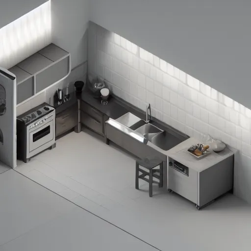 Prompt: isometric minimalistic chubby kitchen, blender, cinema 4 d, 1 0 0 mm, depth of field, octane render, studio lighting