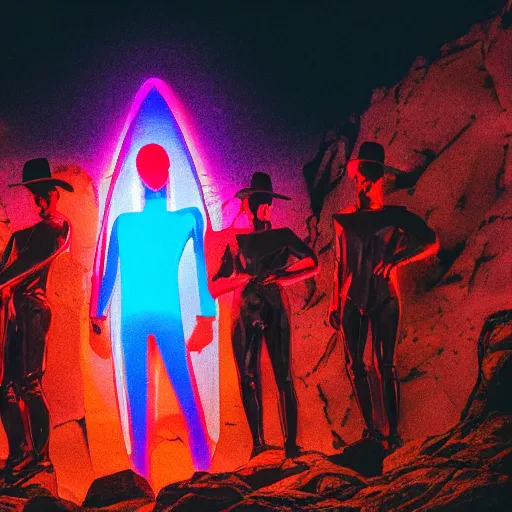 Image similar to unsplash contest winning photo, a giant crowd of men wearing shiny reflective mirrored polygonal man costumes, inside a colorful dramatic unique rocky western landscape, low fog, giant neon frame