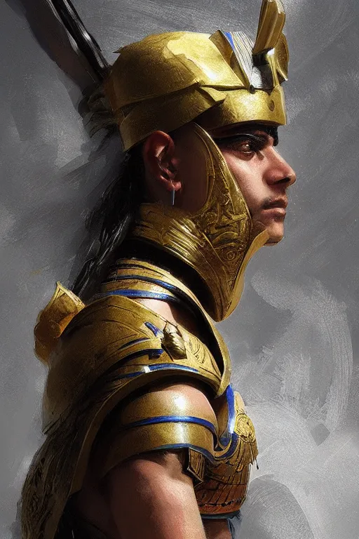 Image similar to egyptian warrior, portrait, powerfull, intricate, elegant, volumetric lighting, digital painting, highly detailed, artstation, sharp focus, illustration, ruan jia