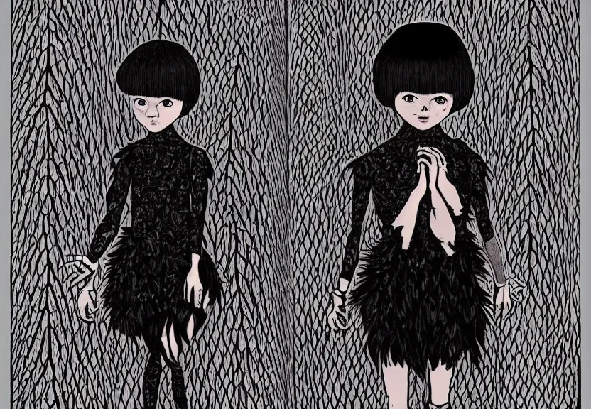 Image similar to beautiful little girl with a short black haircut wearing a dress made of black feathers, artwork in junji ito art style, anatomically perfect