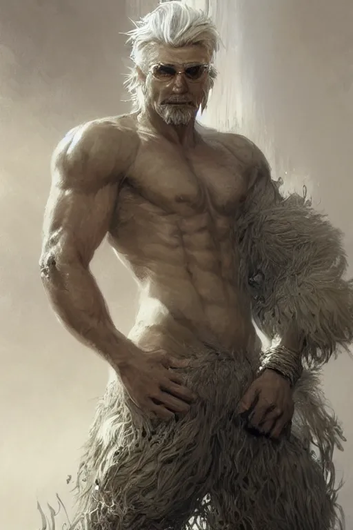 Image similar to painted portrait of rugged sephirot, white hair, masculine, mature, handsome, upper body, muscular, hairy torso, fantasy, intricate, elegant, highly detailed, digital painting, artstation, concept art, smooth, sharp focus, illustration, art by gaston bussiere and craig mullins