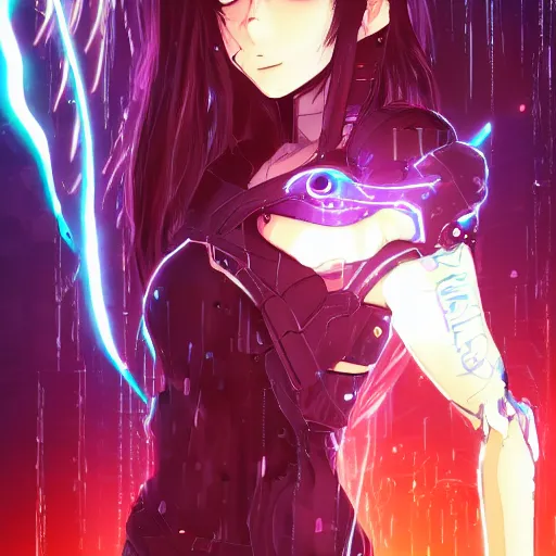 Cyberpunk anime girl with glowing eyes, dark orange, black, dark teal, pale  orange, teal