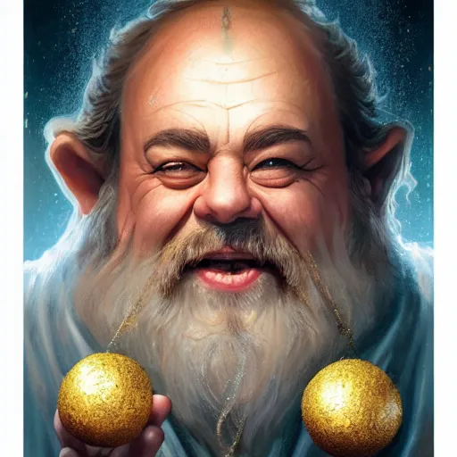 Prompt: symmetrical portrait of a happy dwarf showing off the humongous sparkling gold nugget, realistic, beautiful, fantasy art, dnd, lord of the rings, by bastien lecouffe - deharme, raphael lacoste, concept art, sharp focus, ray tracing