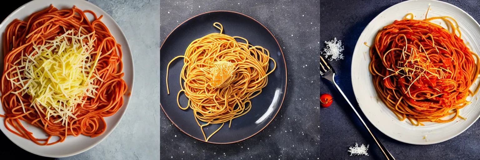 Prompt: a plate of spaghetti frozen flying through space close to the speed of light, space, stars, spaghetti