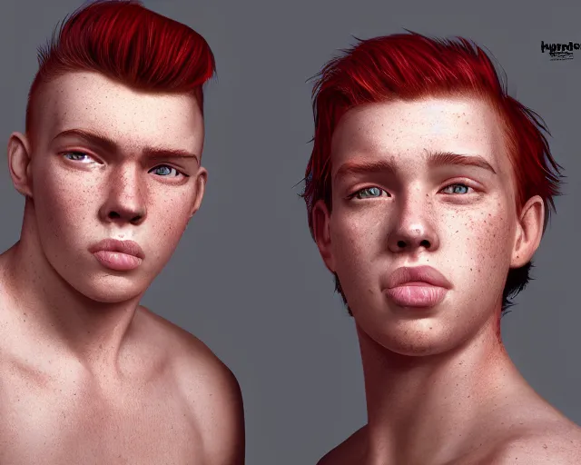 Image similar to portrait stocky of 1 9 - year - old male twins with red hair and freckles, two male, wearing shirts,, hyper realistic face, beautiful eyes, character art, art by mark brooks, hyperdetailed, cryengine, trending on artstation, digital art