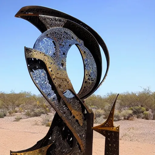 Prompt: metal sculptures by max ernst in the desert