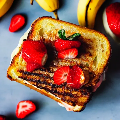 Image similar to a 5 0 mm macro shot of a grilled cheese sandwich with bananas and strawberries