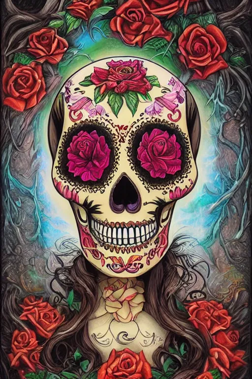 Prompt: illustration of a sugar skull day of the dead girl, art by dan seagrave