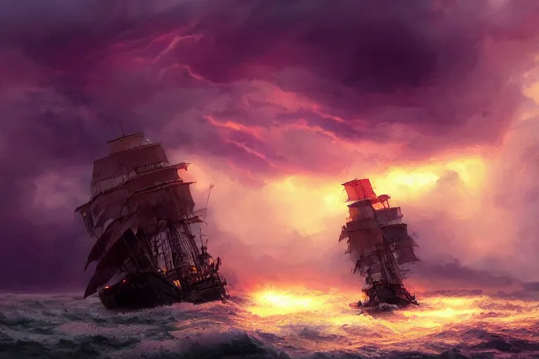 Prompt: a close up pirate ship, violent stormy waters, fiery electrical storm clouds in epic purple sky, dark night, digital art, cinematic, hd, by greg rutkowski, artstation