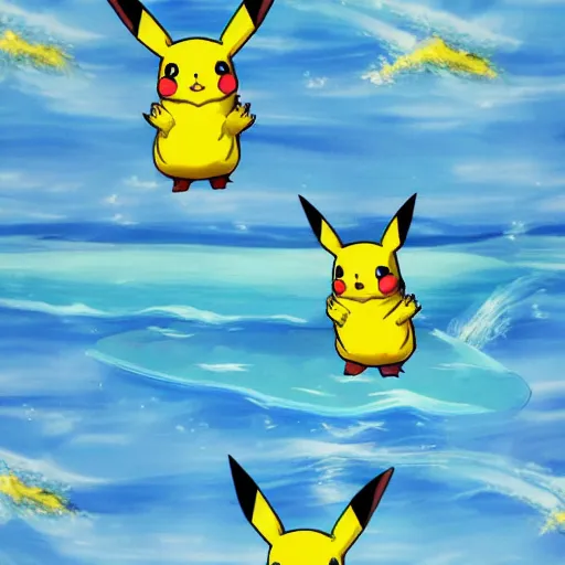 Prompt: Pikachu surfing blue crystalline waves