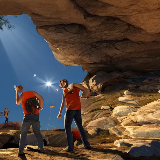 Prompt: four men building an adventure party. they jumpdown a cliff as a team. v - ray render. 8 k. expressive. dynamic lighting. lensflare. realistic.