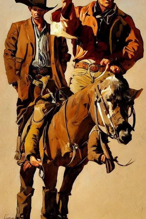 Prompt: cowboy arthur morgan, old west painting by jc leyendecker!! phil hale!, angular, brush strokes, painterly, vintage, crisp